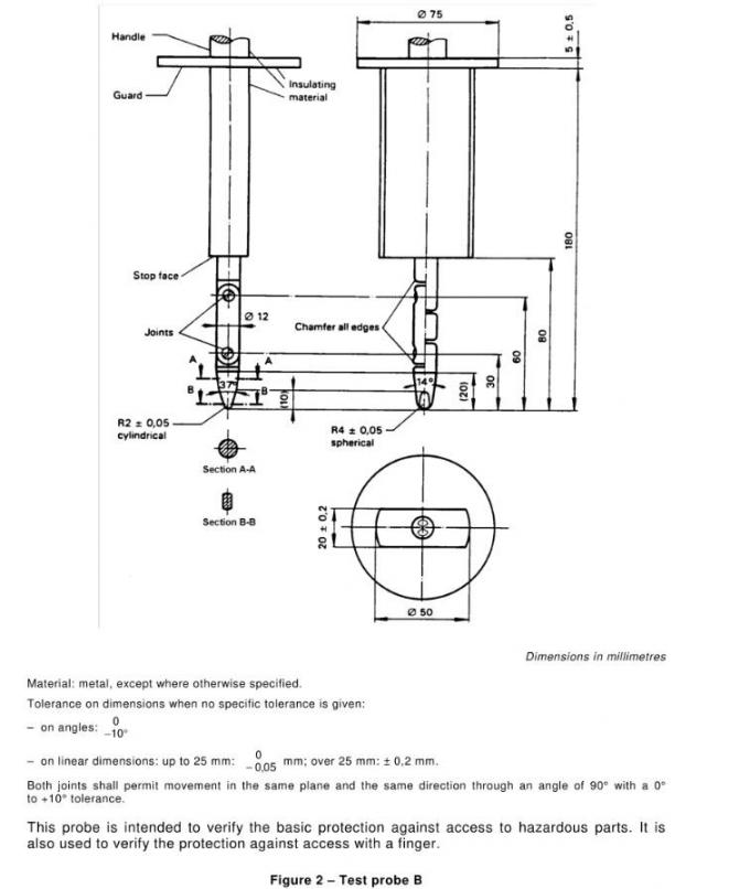 IEC 60335-1 전기 제품 테스트를 위한 표준 시험 손가락 스테인리스 조사 B 2